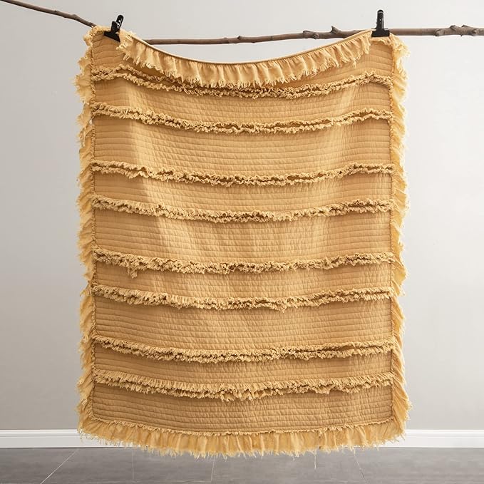 Ultra Soft Pre-Washed Quilted Boho Yellow Twin Size Blankets for Bed, Ruffle Fringed Decorative Throw, Stone Washed Chic Rustic Blanket for Sofa Couch Bed, 60"*80"
