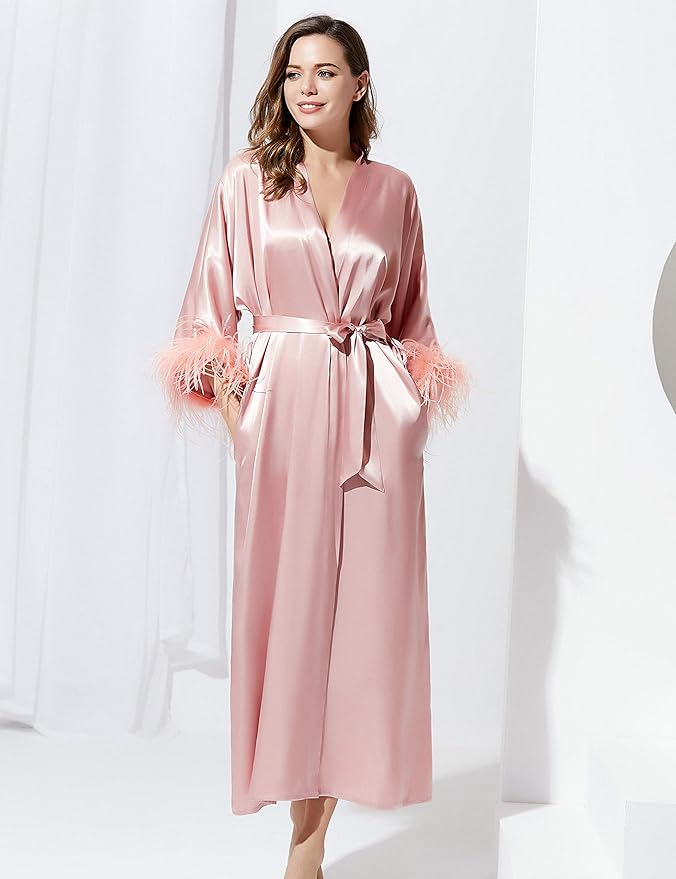 PRODESIGN Satin Kimono Robe Long Silky Bathrobe with Ostrich Feather Trim Sleepwear Wedding Bridesmaid Dressing Gown