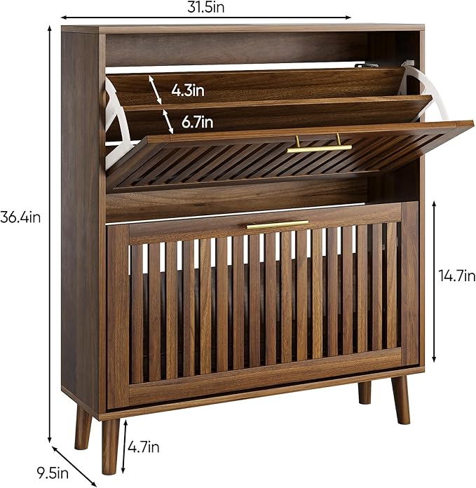Vibe & Dine Shoe Cabinet with 2 Flip Drawers, Narrow Shoe Organizer with Gold Handles, Freestanding Shoe Storage Cabinet for Entryway Slim, Wood Shoe Rack for Hallway, Bedroom, Walnut