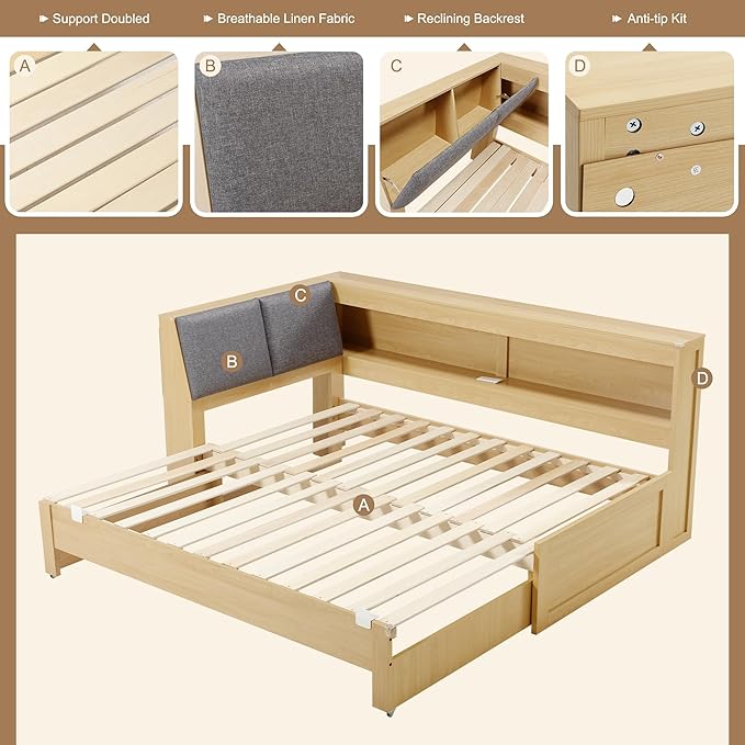 Corner Bed Frame with Extendable Trundle Bed and Bookcase Upholstered Headboard, 3-in-1 Twin Size Wood Daybed with LED Lights and Charging Station, for Bedroom, Guest Room, Natural Oak