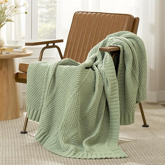 Amélie Home Chevron Chenille Knit Throw Blanket for Couch, Cozy Texture Decorative Soft Blanket for Sofa & Chair, 50"x60", Sage Green