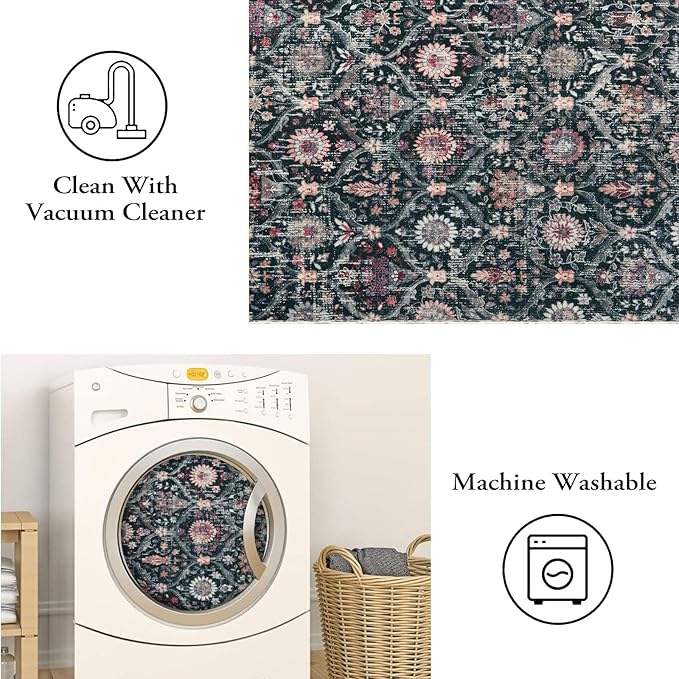 Lahome Moroccan Trellis Washable Runner Rug, 2x6 Kitchen Runners for Hallways 6 Feet Non Slip, Vintage Laundry Room Rug Ultra-Thin Long Carpet for Bathroom Bedroom Entryway, Black/Multi