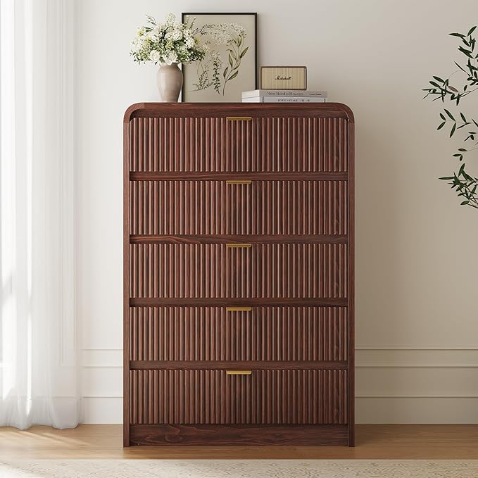 FURSUN Fluted 5 Drawers Dresser for Bedroom, 48" Tall Wooden Modern Dresser with Metal Handle, Curved Profile Design, Storage Organizer for Bedroom, Living Room, Hallway, Dark Walnut