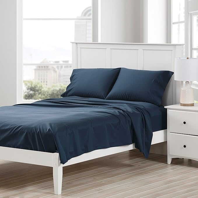 Cuddledown Dreamstead 100% Cotton Bed Sheets Set | 300 Thread Count | Luxurious Sateen Weave | Pure Combed Cotton | Soft | Wrinkle Resistant | 3 Piece Set | Navy | Twin | 39” x 75”