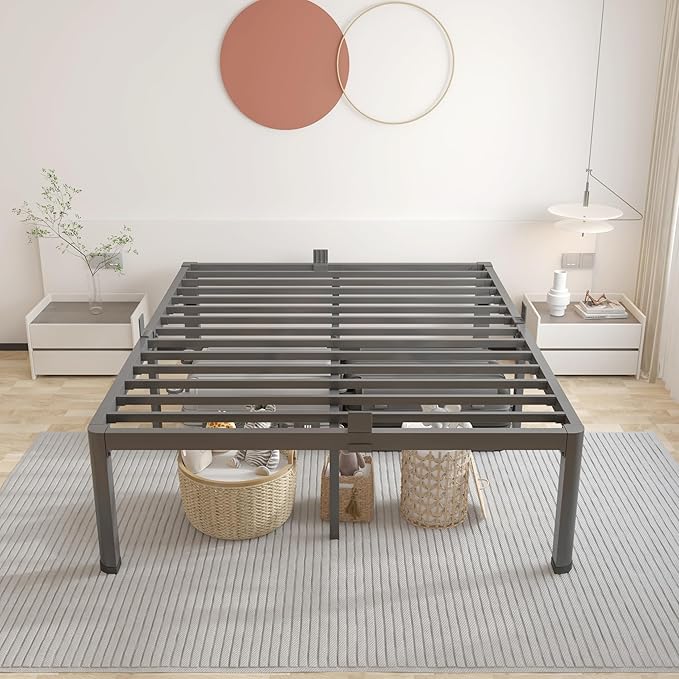 ROIL 20 Inch Full Size Bed Frame with Rounded Corner and Headboard Hole Mattress Retainers 3500LBS Metal Heavy Duty Steel Slats No Box Spring Needed Platform Noise-Free Easy Assembly