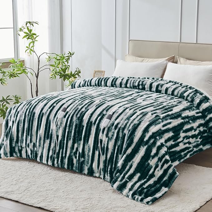 Heated Blanket Queen - 84"x90" Dual Control Bed Electric Blankets with 6 Heating Levels & 10 Hours Auto Off, Soft Ribbed Faux Fur Sherpa, Over-Heated Protection ETL, Dark Green
