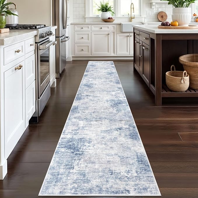 IOHOUZE Abstract Runner Rug 2x12 Ft Washable Runners for Hallways, Non Slip Kitchen Runner Printed Faux Wool Entryway Runner Indoor, Modern Abstract Floor Carpet for Hall Kitchen, Light Blue White