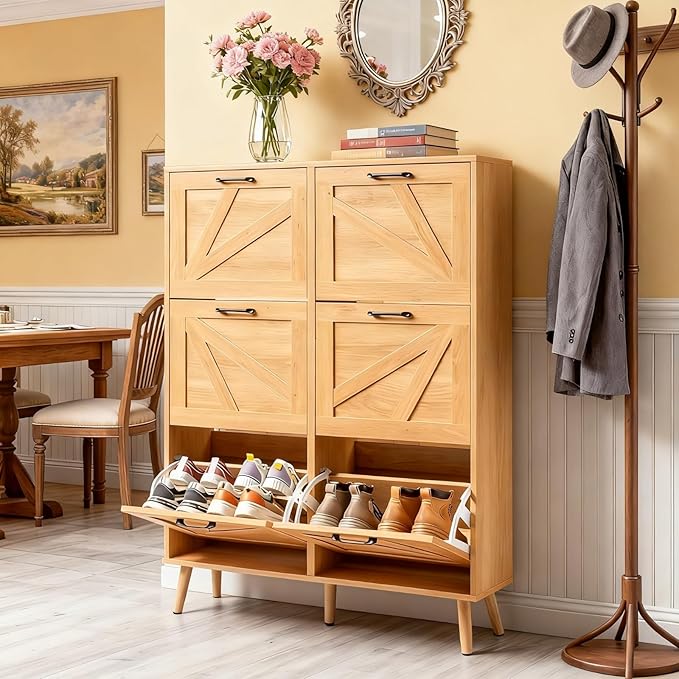 VINGLI 6 Flip Drawer Shoe Cabinet for Entryway, Rustic Shoe Storage Cabinet with 5 Solid Wood Legs, Farmhouse Barn Door Design Shoe Organizer for Hallway, Bedroom, or Living Room, Natural Wood Finish