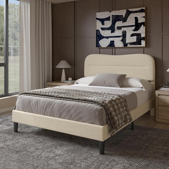 Full Size Bed Frame, Upholstered Cloud Bed Frame with Headboard, Teddy Soft Rounded Corners Boucle Fabric Bed Frame Full, Modern Style, Beige