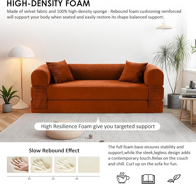 80" Convertible Sofa Bed, Corduroy Deep Seat Folding Pull Out Couch with Pillows, No Assembly Modern Boneless Couch Compression Sofa in Box, Floor Sofa with Storage Pocket for Living Room, Orange