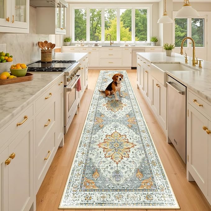 Area Rugs 2'x10' Washable Non-Slip, Floral Vintage Distress Print Pattern Medallion Carpet for Living Room Bedroom Dining Room, Light Yellow Carbon Grey Orange