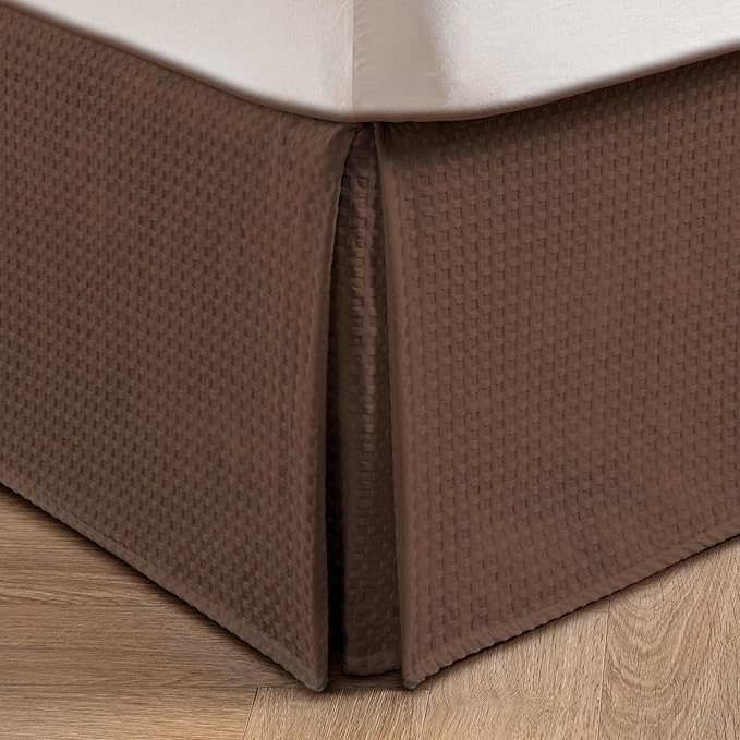 MIYE Pleated Waffle Weave Bed Skirt, Tailored Dust Ruffle 14 Inch Drop Easy Fit, Machine Washable (Brown, Full - 14" Drop)