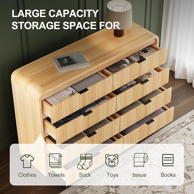 FURSUN Fluted 8 Drawers Dresser for Bedroom, 55" Wide Wooden Dresser with Metal Handle, Curved Profile Design, Modern Storage Organizer for Bedroom, Living Room, Hallway, Natural Oak