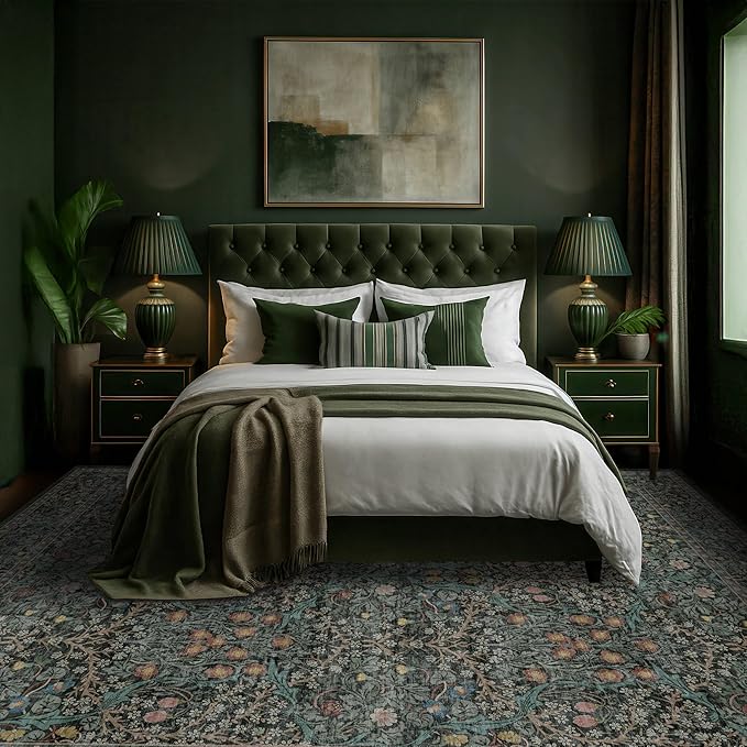 Vintage Washable Dark Green 10x14 Rug for Living Room - Extra Large Area Rug for Dining Room Under Table, Soft Low Pile Carpet for Bedroom - Vintage Floral Design Non-Slip (10x14 Dark Green)