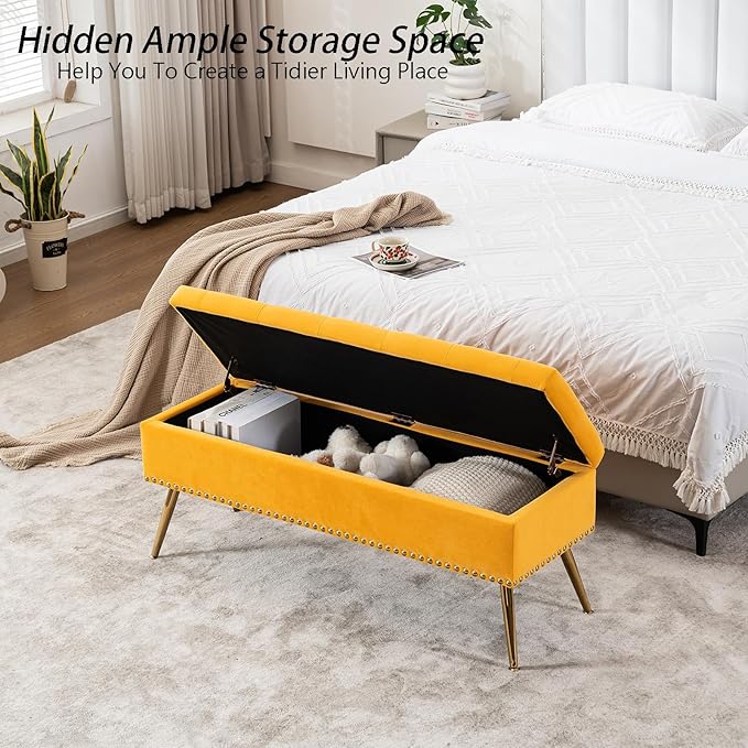 Velvet Storage Bench with Gold Legs& Nailhead Trim, 46" Wide Upholstered Modern Bedroom Bench for End of Bed, Tufted Ottoman for Entryway Living Room Dining Room (Mustard Yellow, 46" Wide)