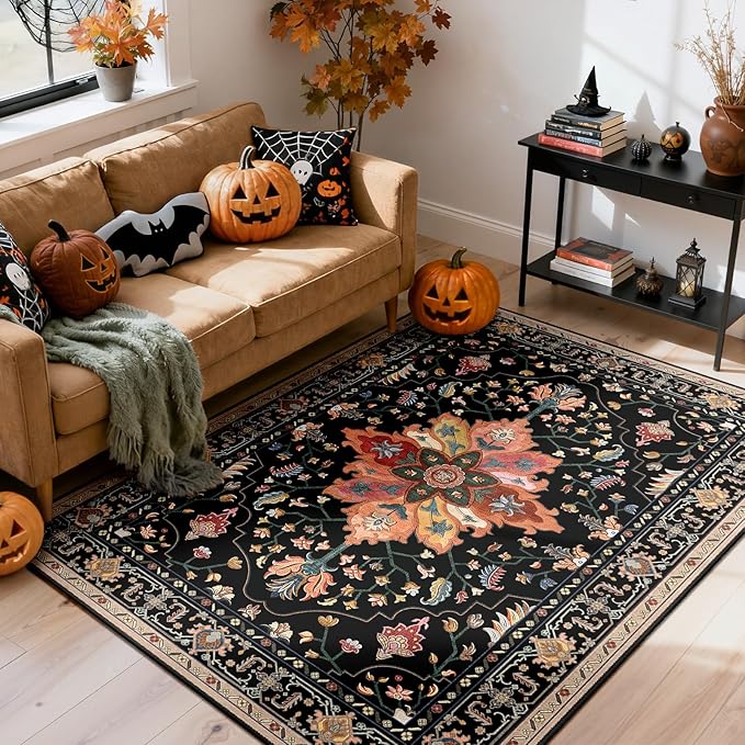 Area Rugs 4'x6' Washable Non-Slip, Floral Vintage Distress Print Pattern Medallion Carpet for Living Room Bedroom Dining Room, Black Colorful Floral Dark Tan