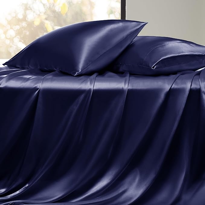 Bedsure Satin Sheets King Size - 4 Piece Silky Bedsheets with 15 Inches Deep Pocket Fitted Bedsheet,1 Flat Sheet, 2 Satin Pillowcases, Good for Hair & Skin (King, Navy)