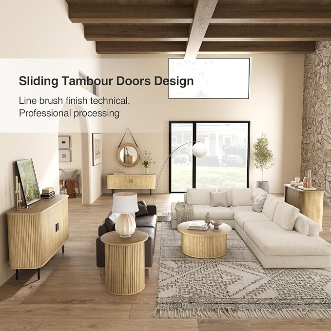 55''W Natural Storage Cabinet, Media Console, Tambour TV Stand, Television Stands with Curvy Edge; Sliding Door, Fluted Cabinet, Buffet Sideboard, Credenza, Table Stand for Living Room, Kitchen