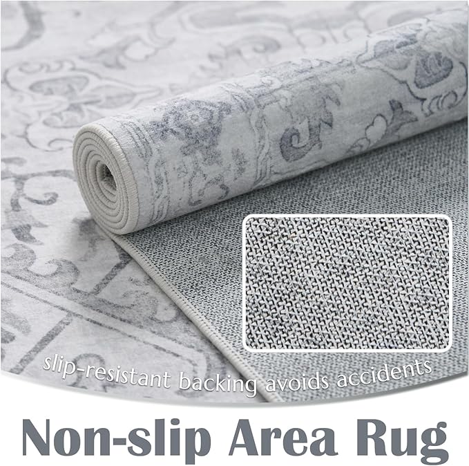 jinchan 8x10 Area Rugs for Living Room Washable Soft Throw Rug Ultra-Thin Stain Resistant Non-Slip Distressed Vintage Floral Large Carpet for Bedroom,Dining Room,Home Office,Nursery (8x10ft,Grey)