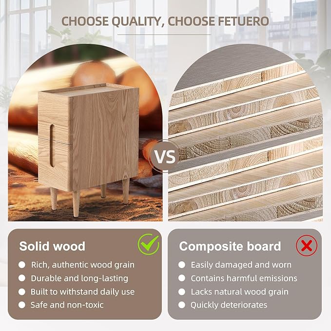 Solid Wood Bedside Table Nightstands, Slim Narrow Oak Real Wooden Mid-Century Modern End Table with Drawers Luxury Side Table Durable Cabinet Organizer Furniture, Natural Color 7.87in Wide