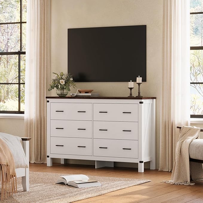 LINSY HOME Farmhouse 6 Drawer Double Dresser for Bedroom, 53” Wide Rustic Wood Chest with Deep Drawers, Modern Dressers with Storage and Metal Handles for Closet, Living Room, Hallway, Off White