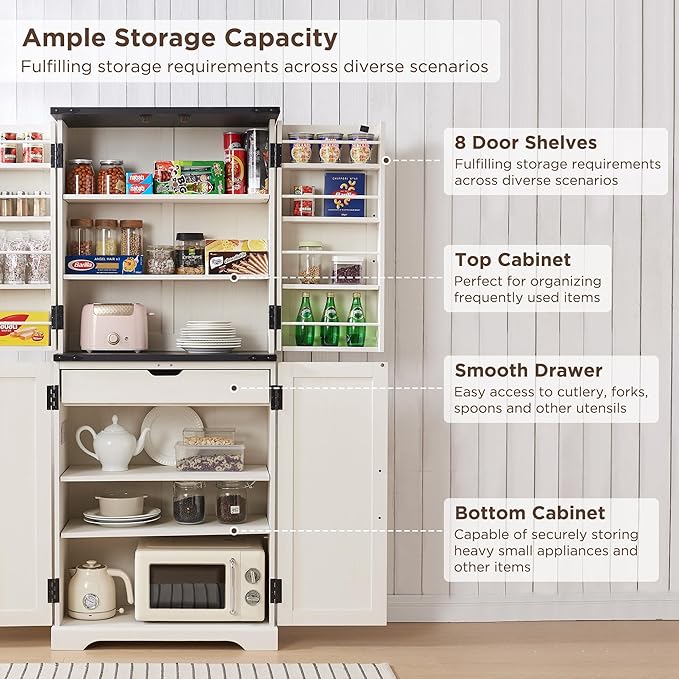 ACCOHOHO 72" Tall Kitchen Pantry, Farmhouse Storage Cabinet with Barn Doors, Organizer, Drawer and Adjustable Shelves, Rustic Wood Cupboard for Kitchen, Dining Room, Bathroom, Off White | Barn Doors, Organizer, Drawer, Adjustable Shelves, Cupboard