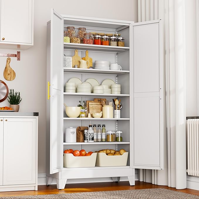 75" Metal Kitchen Pantry Cabinet,White Storage Cabinet with Doors and 5 Adjustable Shelves, Cabinet with 2 Metal Handles,Tall Cabinet for Livingroom,Pantry, Bathroom,Kitchen