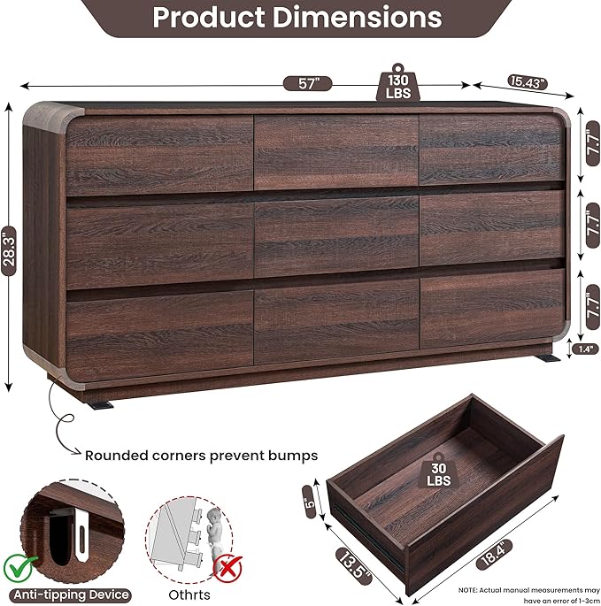 9 Drawer Double Dresser for Bedroom, Modern Curved Wood Chest Drawers of Handleless, Large Storage Dresser Bedroom, Living Room, Entryway, Walnut