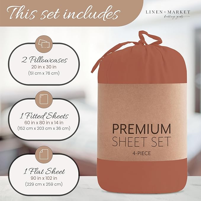 Linen Market Bed Sheets for Queen Size Bed (Clay) - Sleep Better Than Ever with These Soft and Cooling Queen Sheets - Deep Pocket Fits 16" Thick Beds - 4 Piece Queen Sheet Set