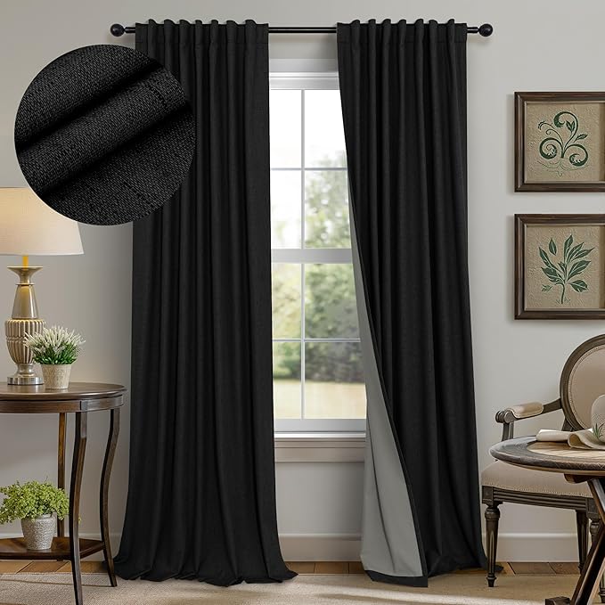 Black Curtains 84 Inches Long for Bedroom 2 Panel Set Linen Textured Total Blackout Thermal Insulated Darkening Dark Curtains Black Out Shades for Living Room Floor Length Window Drape Back Tab Pocket