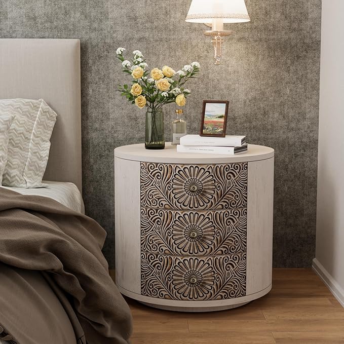 COSIEST 3 Drawer Chest of Drawers, 20 inch MDF Round Storage Cabinet, Retro Whitewash Finish Nightstand, Wood Bedside Table with Drawers for Bedroom Living Room,Light Gray