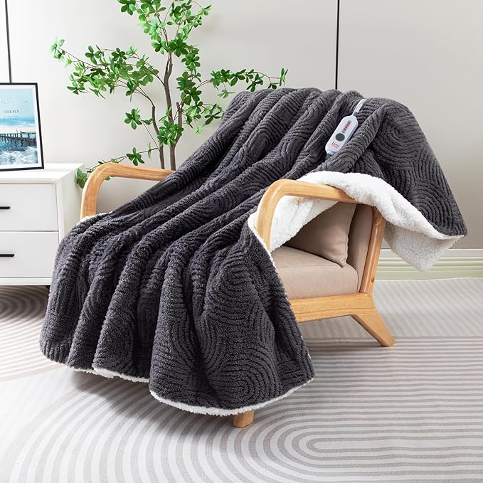 Heated Throw Blanket Electric - 50"x60" Cozy Soft Jacquard Heating Blanket with 4 Heat Levels & 4 Hours Auto-Off, Electric Throw with Overheating Protection, Warm Gifts, Grey