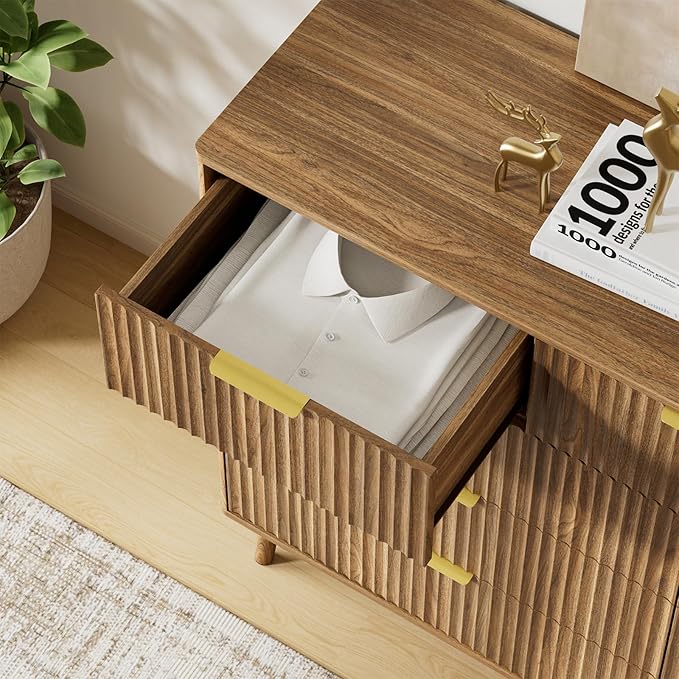 LYNSOM Fluted 9 Drawer Dresser for Bedroom, 55" Wide Modern Chest of Drawers with Curved Profile Design and Metal Handles, Wood Dresser TV Stand & Storage Organizer for Bedroom, Hallway, Walnut