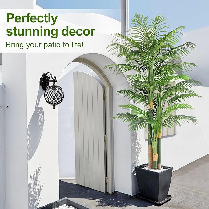 7ft Tall Triple Golden Cane Palm Artificial Tree Large Tropical Palm Tree UV Resistant Fake Plant in Pot for Indoor Outdoor Big House Living Room Outside Patio Office Home Decor 1Pack