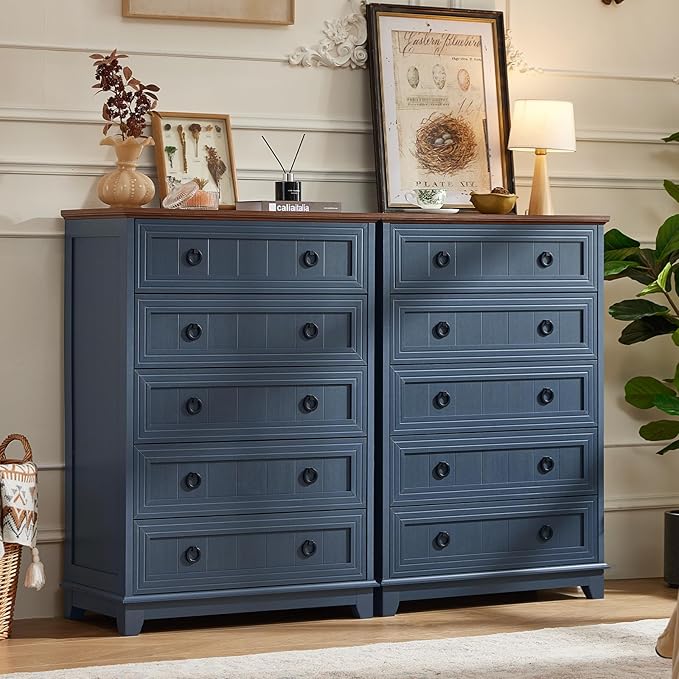 Farmhouse Chest of Drawers with Storage, 42" Tall Dresser for Bedroom, 5 Drawer Navy Blue Dresser with Metal Handle, Organizer Closet for Living Room, Hallway, Entryway