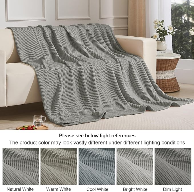 PHF 100% Cotton Waffle & Muslin Throw Blanket Large, Soft Breathable Luxury 400GSM Versatile Reversible Bedding for Couch, Great for Layering in Cold Weather, Home Decor Gift, 50" x 70", Frosted Grey
