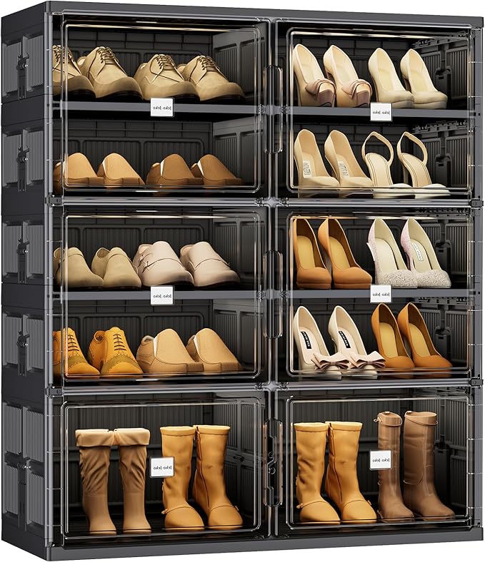 JEKO&JEKO 5-Tier Foldable Shoe Storage Cabinet with Magnetic Doors, Large Stackable Shoe Organizer Cabinet for Entryway, Clear Front Door Shoe Boxes Hold Up to 20 Pairs (Black)