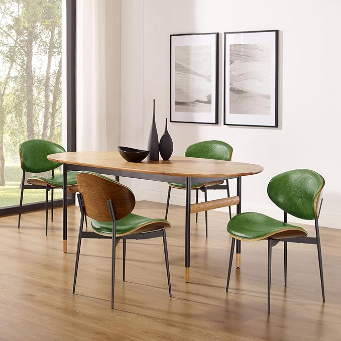 Art Leon Dining Chairs Set of 4, Walnut Bentwood, Mid Century Modern Chair, Green Faux Leather Kitchen Dining Room Chairs with Black Metal Legs, Accent Chairs for Bedroom