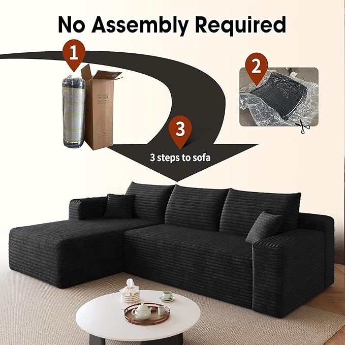 96" Sectional Couches for Living Room Modern Modular Sofa with L-Shape Couchs Upholstered Boneless Couch Deep Seat Sectional Couch with Chaise (Black, 96" Left Facing Chaise+2Seaters)