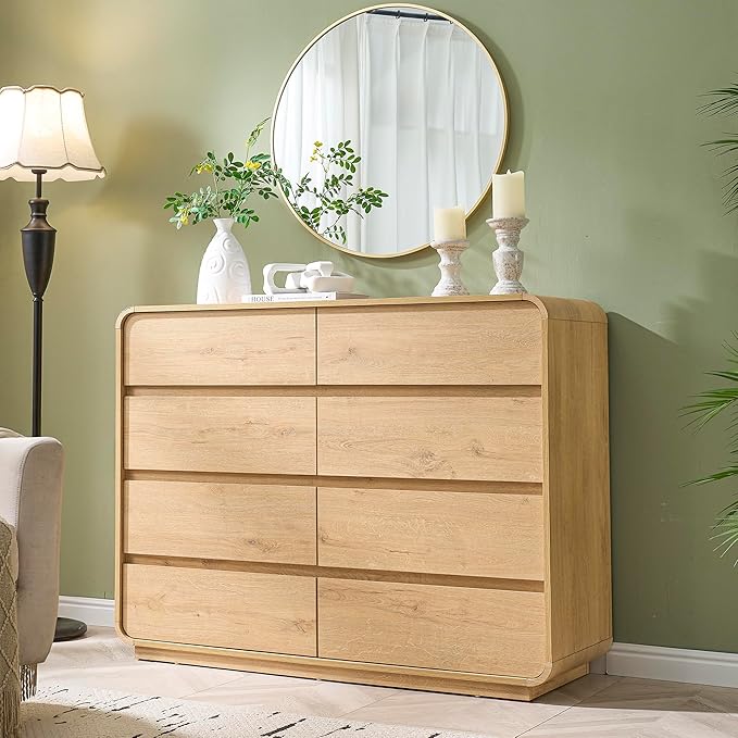 Chest of Dressers with 8 Drawers, 47’’ Wide Dresser with Anti-Tipping Device, Clothes Organizer for Bedroom, Natural Drawer Closet with Arc Design.