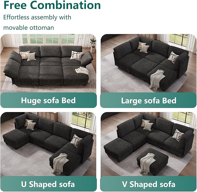 Modular Sectional Sofa with Adjustable Backrest, Convertible L/U-Shaped Sleeper Couch for Living Room, Cloud Sofa Bed Modern Reversible Design, Black