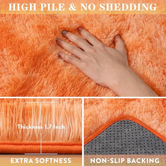 Shag Area Rug 6x9 for Living Room, Large Orange Fluffy Rug for Bedroom Girls Kids Teen Room, Soft Fuzzy Plush Carpet for Nursery Dorm, Non Slip Indoor Shaggy Throw Rug for Home Decor, Orange Tie Dye