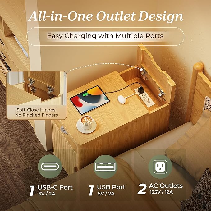 Huuger Narrow Nightstand with Charging Station, USB-C Port, Set of 2 Night Stand, Fluted End Table with Storage Cabinet, Back Rack, Side Table for Small Spaces, 13.4×23.6 Inch, Natural