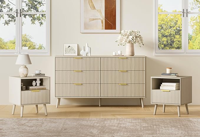 LYNSOM Fluted Dresser and Nightstand Sets 3 Piece, 6-Drawers Dresser and 1-Drawer Nightstands Set of 2, Wood Bedroom Furniture Set for Home, Bedroom, Hallway, Beige