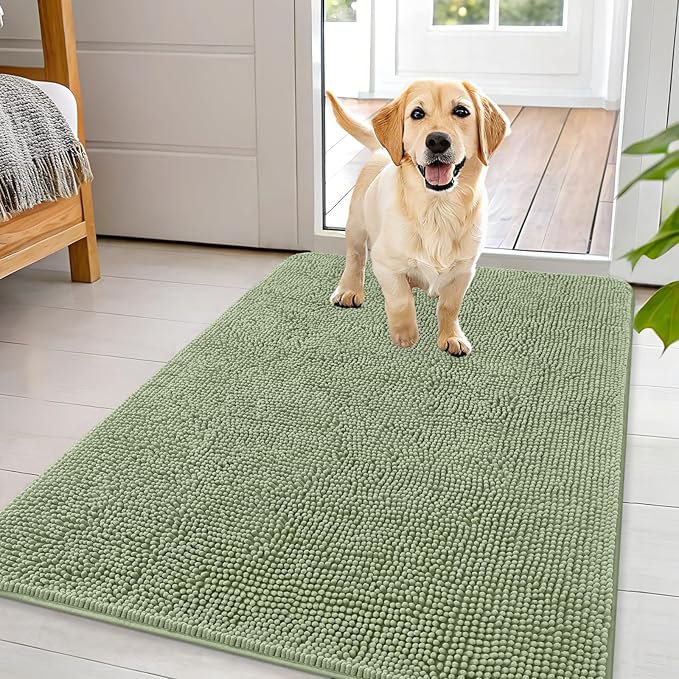 OLANLY Dog Door Mat for Muddy Paws 44x32, Absorbs Moisture and Dirt, Absorbent Non-Slip Washable Doormat, Quick Dry Chenille Mud Mat for Dogs, Entry Indoor Entryway Carpet for Inside Floor, Sage Green