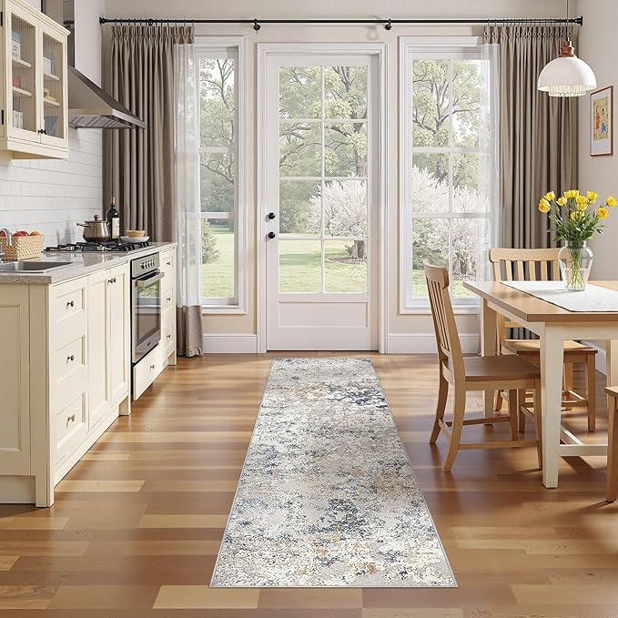Washable Runner Rug for Hallway: 2x6 Neutral Modern Abstract Low Pile Area Rug with Non-Slip Backing - Carpet for Bedroom Kitchen Laundry Entryway Bathroom Indoor - Beige Blue