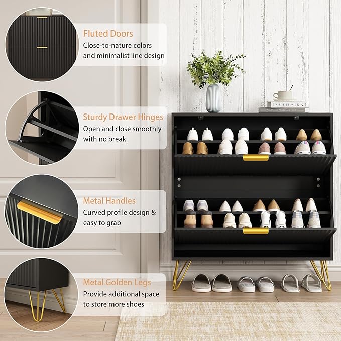 Shoe Cabinet with 2 Flip Drawers, Fluted Black Shoe Storage Cabinets, Hidden Shoe Cabinet Storage for Entryway Slim, Modern Freestanding Shoe Rack Organizer, Black