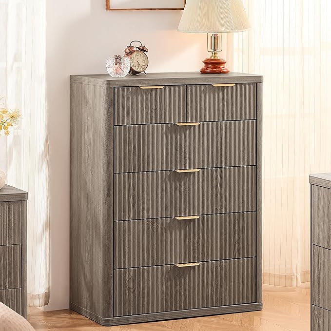 LEYAOYAO Fluted 6 Drawers Dresser for Bedroom, 42" Tall Modern Chest of Drawers with Metal Handle, Curved Profile Design,Grey Wood Drawer Organizer for Bedroom, Living Room, Hallway, Entryway