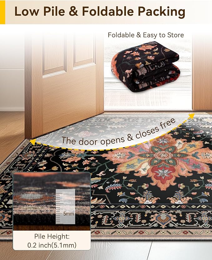 Area Rugs 3'x10' Washable Non-Slip, Floral Vintage Distress Print Pattern Medallion Carpet for Living Room Bedroom Dining Room, Black Colorful Floral Dark Tan