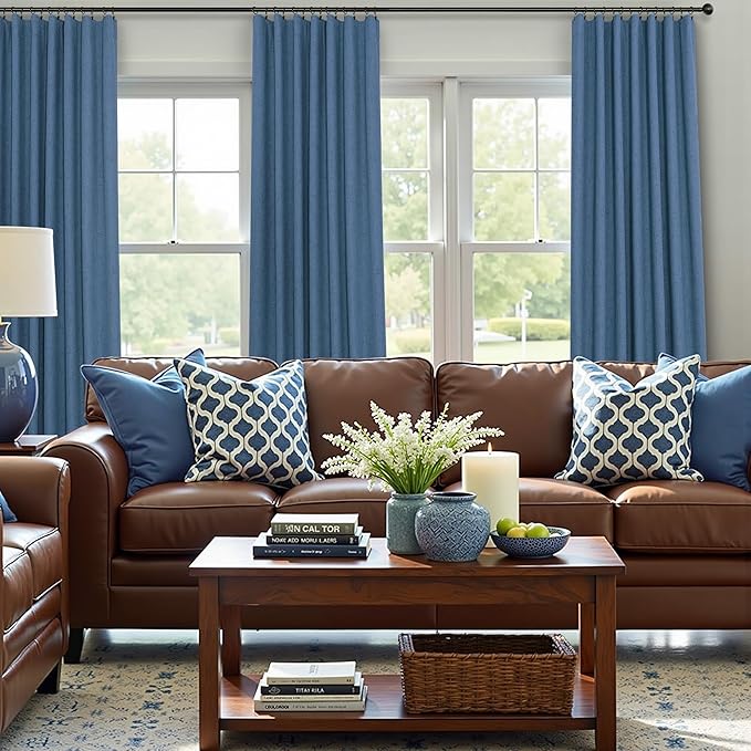 Denim Blue Blackout Drapes 96 Inches Long 2 Panel Burg Cute Linen Textured Modern Farmhouse Living Room Darkening Curtain for Bedroom Viral Sound Deadening Insulated Thermal Back Tab Pleated 96 Length